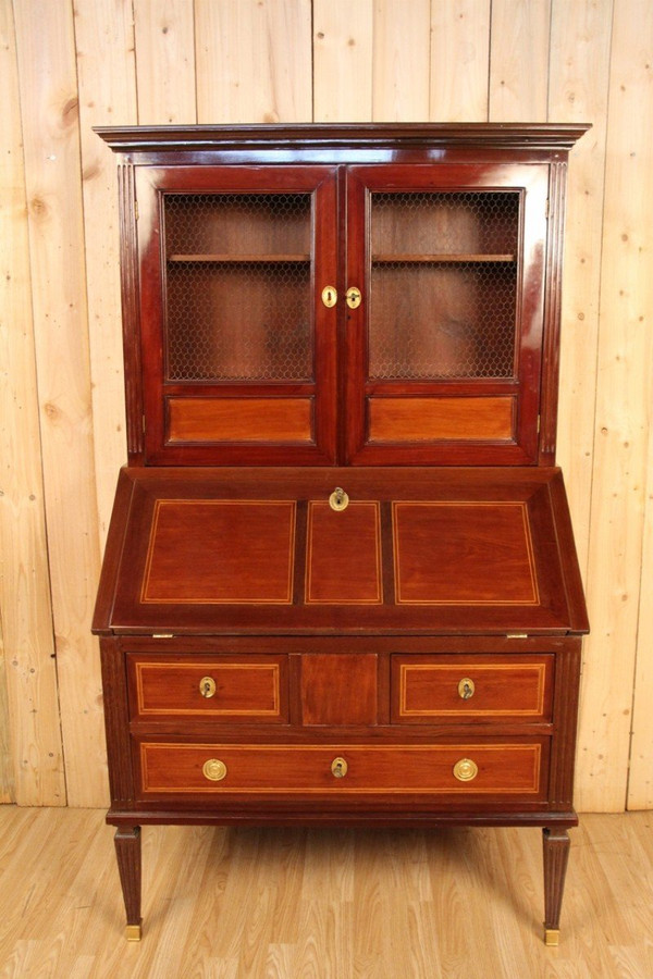 Scriban Bookcase In Solid Mahogany, 18th Century, Louis XVI, Port Furniture