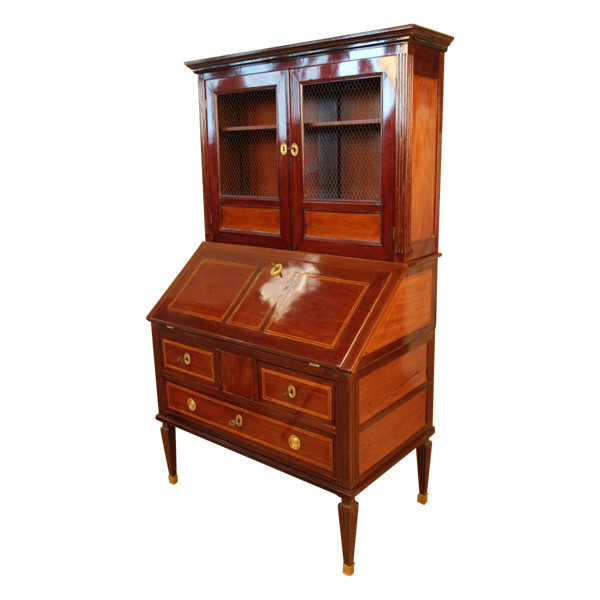 Scriban Bookcase In Solid Mahogany, 18th Century, Louis XVI, Port Furniture