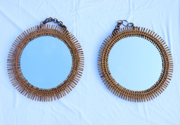 Pair Of Round Rattan And Bamboo Mirrors By Franco Albini