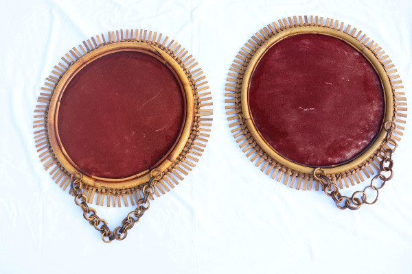 Pair Of Round Rattan And Bamboo Mirrors By Franco Albini