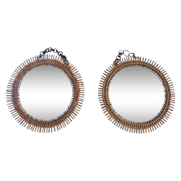 Pair Of Round Rattan And Bamboo Mirrors By Franco Albini