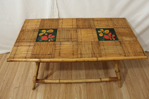 Coffee Table By Audoux Minet In Rattan And Ceramic From Vallauris Year 60's