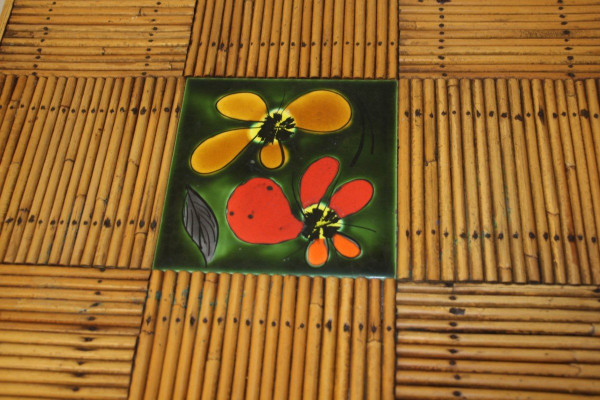 Coffee Table By Audoux Minet In Rattan And Ceramic From Vallauris Year 60's