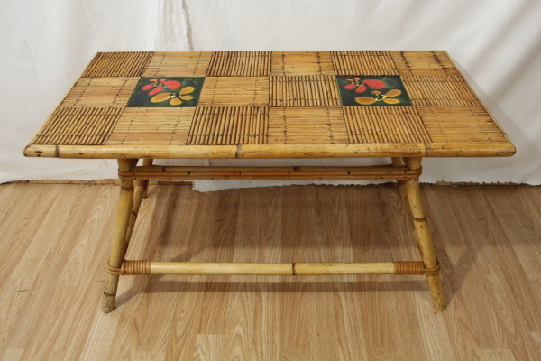 Coffee Table By Audoux Minet In Rattan And Ceramic From Vallauris Year 60's