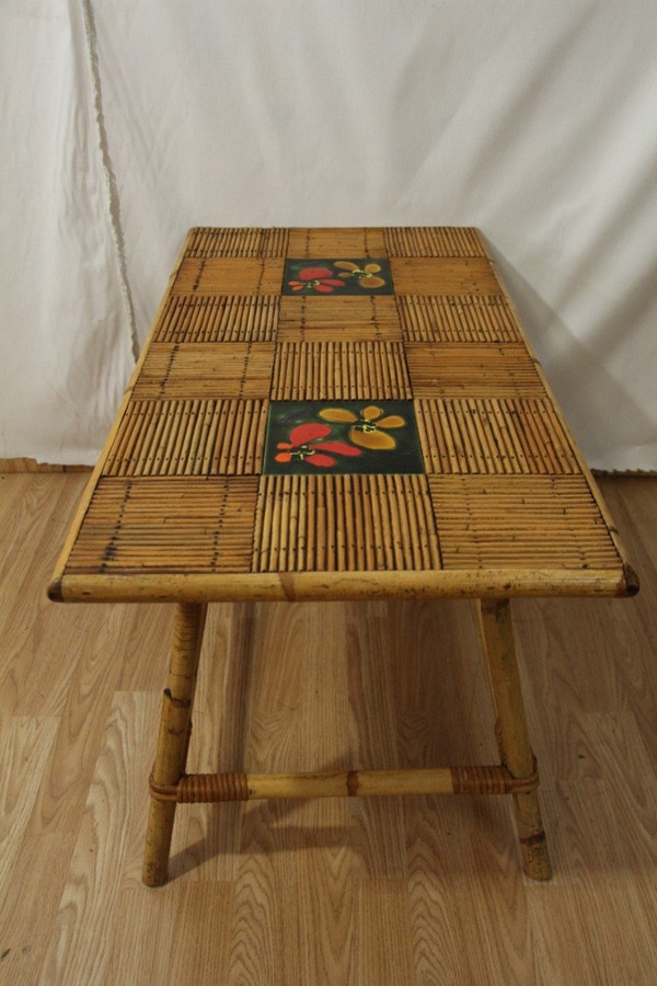 Coffee Table By Audoux Minet In Rattan And Ceramic From Vallauris Year 60's