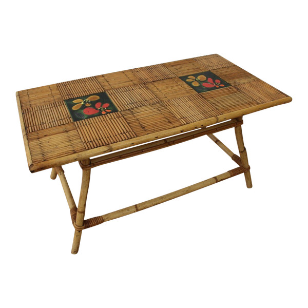 Coffee Table By Audoux Minet In Rattan And Ceramic From Vallauris Year 60's