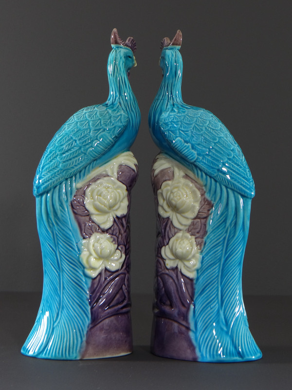 China, 1950s/1960s, Pair Of Porcelain Phoenixes In Shades Of Blue, White And Parma.