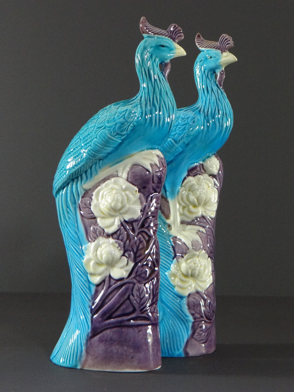 China, 1950s/1960s, Pair Of Porcelain Phoenixes In Shades Of Blue, White And Parma.