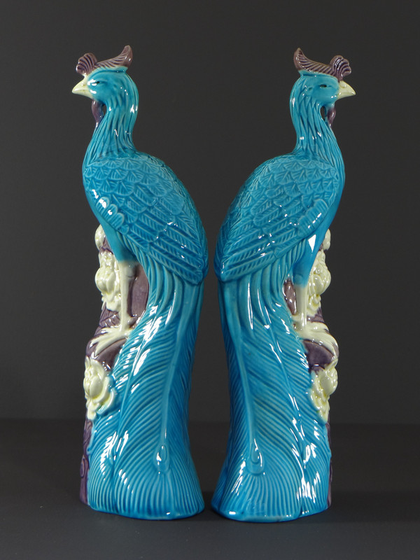 China, 1950s/1960s, Pair Of Porcelain Phoenixes In Shades Of Blue, White And Parma.