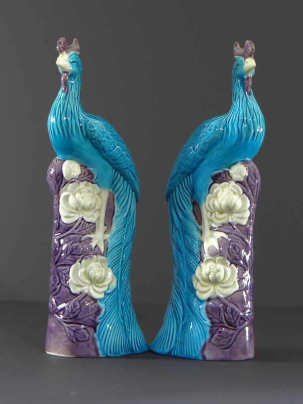 China, 1950s/1960s, Pair Of Porcelain Phoenixes In Shades Of Blue, White And Parma.