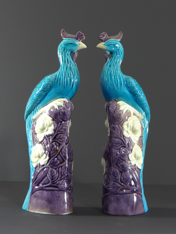 China, 1950s/1960s, Pair Of Porcelain Phoenixes In Shades Of Blue, White And Parma.