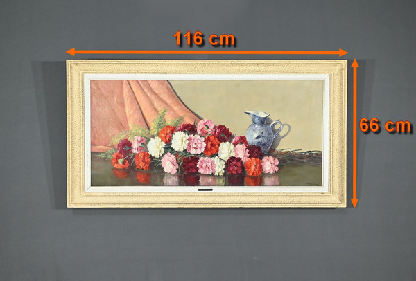 Grande olio su tela "Bouquet de Pivoines" di P. Dolzan - 1930