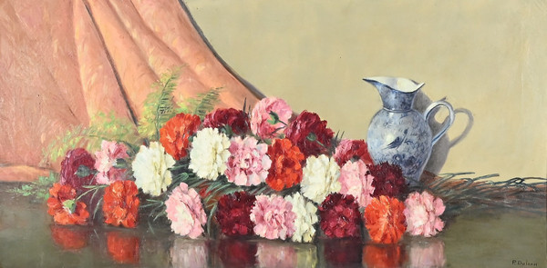 Grande olio su tela "Bouquet de Pivoines" di P. Dolzan - 1930