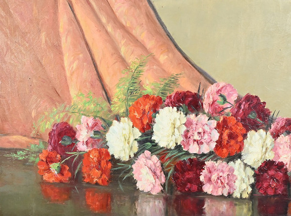 Grande olio su tela "Bouquet de Pivoines" di P. Dolzan - 1930