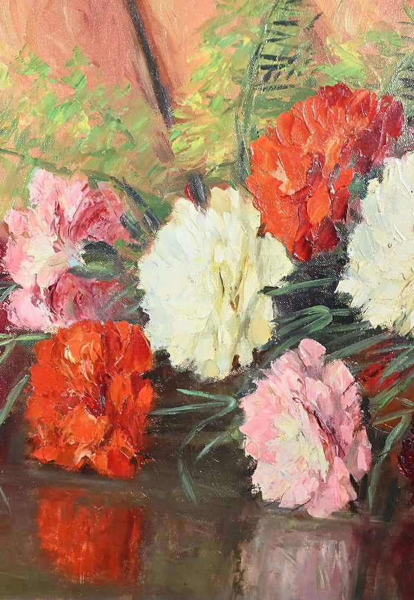 Grande olio su tela "Bouquet de Pivoines" di P. Dolzan - 1930