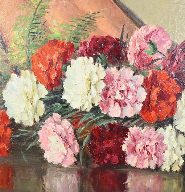 Grande olio su tela "Bouquet de Pivoines" di P. Dolzan - 1930