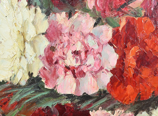 Grande olio su tela "Bouquet de Pivoines" di P. Dolzan - 1930