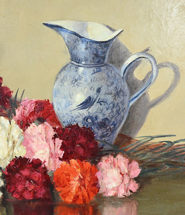 Grande olio su tela "Bouquet de Pivoines" di P. Dolzan - 1930