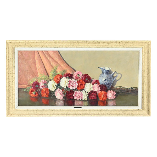 Grande olio su tela "Bouquet de Pivoines" di P. Dolzan - 1930