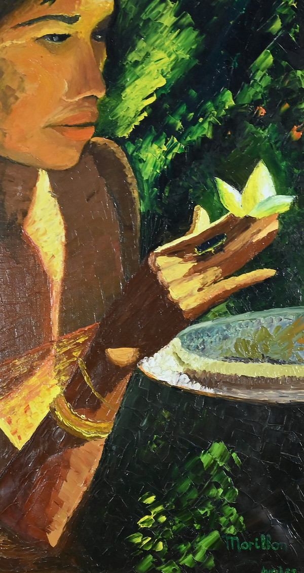 Grande olio su tela "La Tahitienne" firmato Morillon - 1985