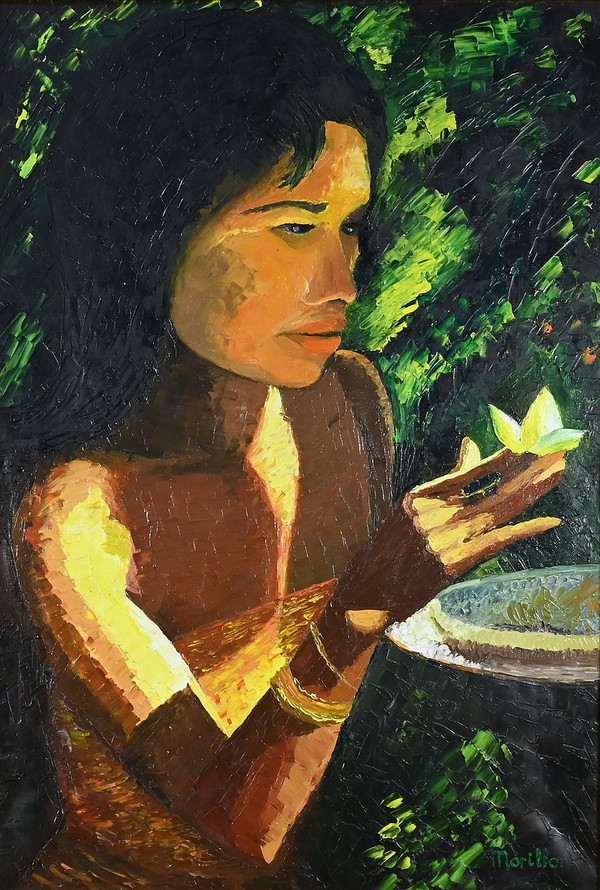 Grande olio su tela "La Tahitienne" firmato Morillon - 1985