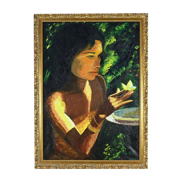 Grande olio su tela "La Tahitienne" firmato Morillon - 1985