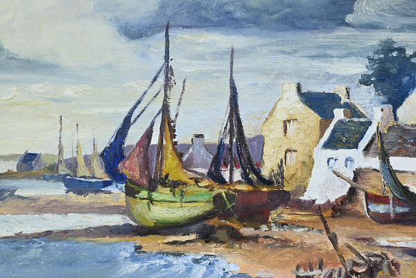 Peinture Marine « Littoral Breton » signée Marijane le Goaster – 1985