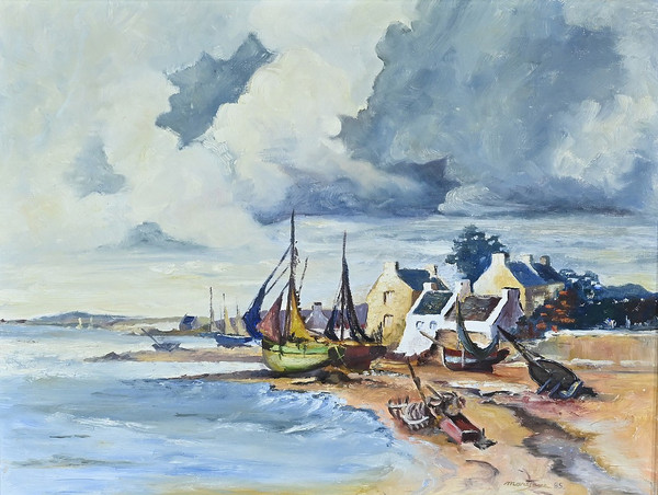 Peinture Marine « Littoral Breton » signée Marijane le Goaster – 1985