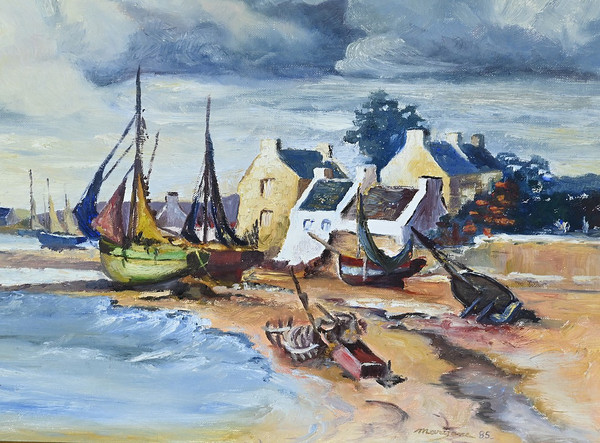 Peinture Marine « Littoral Breton » signée Marijane le Goaster – 1985