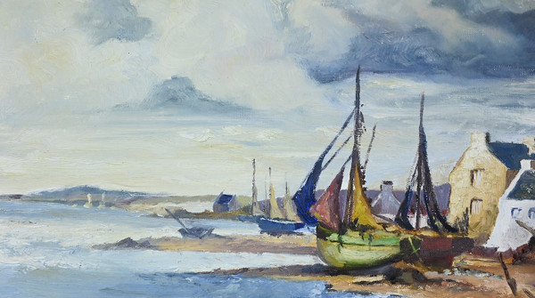 Peinture Marine « Littoral Breton » signée Marijane le Goaster – 1985