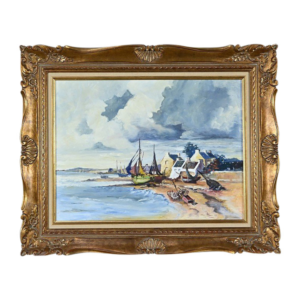 Peinture Marine « Littoral Breton » signée Marijane le Goaster – 1985