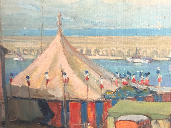 Großes Ölgemälde auf Leinwand Zirkus und Jahrmarkt in der Nähe des Meeres signiert Sorot 52 (?)