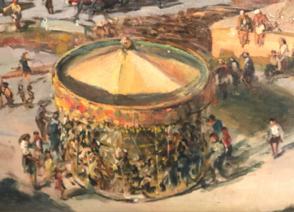 Großes Ölgemälde auf Leinwand Zirkus und Jahrmarkt in der Nähe des Meeres signiert Sorot 52 (?)