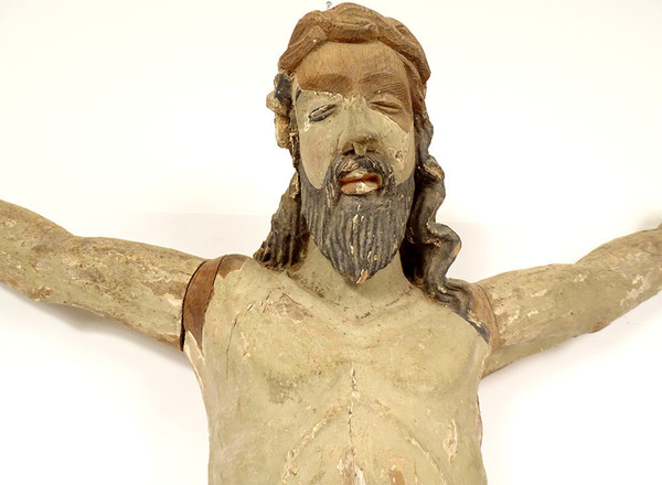 Large Statue of Christ Crucifix Cross Polychrome Wood Carved 94cm 17th century