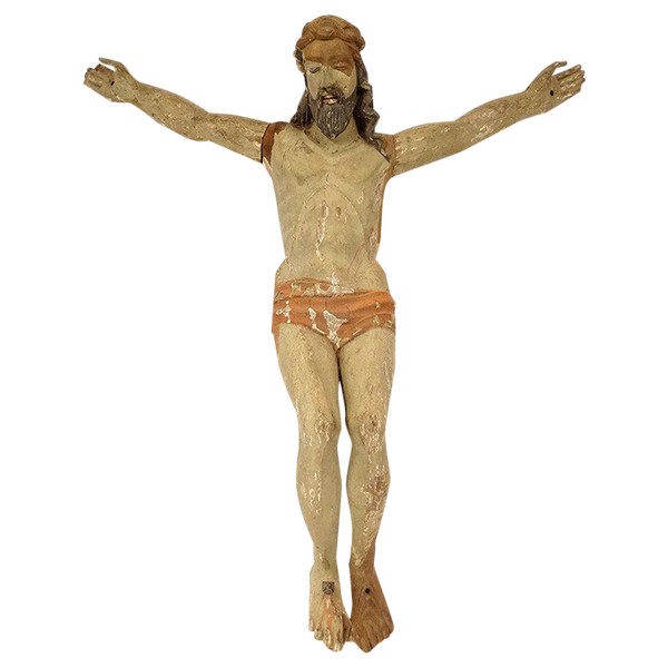 Large Statue of Christ Crucifix Cross Polychrome Wood Carved 94cm 17th century
