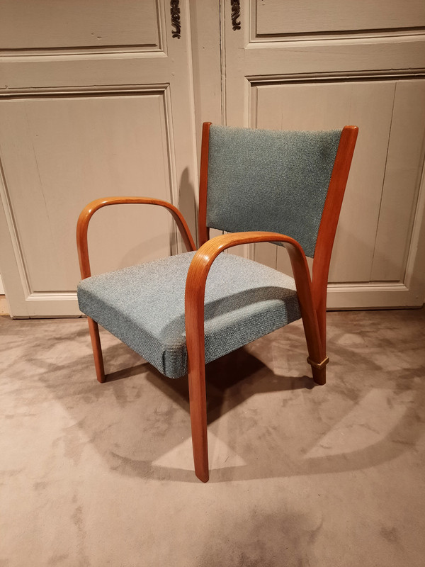 Vintage Bow Wood armchairs and chairs in ash, by Wilhem Von Bode Circa 1950.