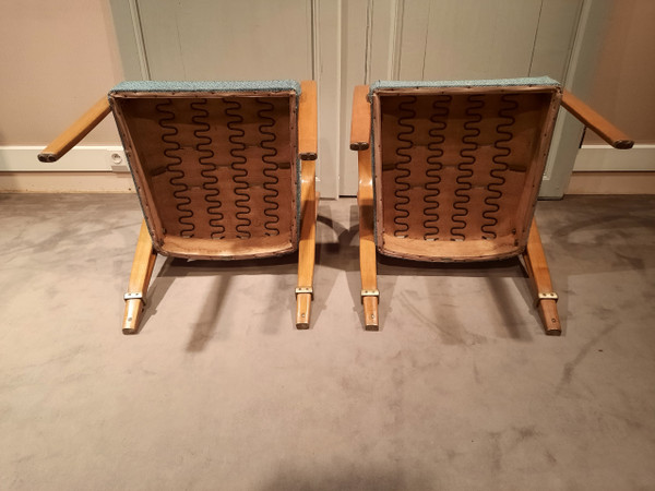 Vintage Bow Wood armchairs and chairs in ash, by Wilhem Von Bode Circa 1950.