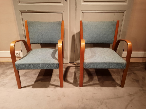 Vintage Bow Wood armchairs and chairs in ash, by Wilhem Von Bode Circa 1950.