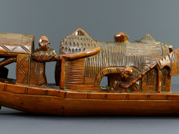 China, 1930s, Bamboo Sculpture of a Jonque Carrying People.