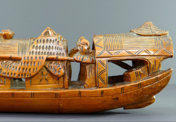 China, 1930s, Bamboo Sculpture of a Jonque Carrying People.