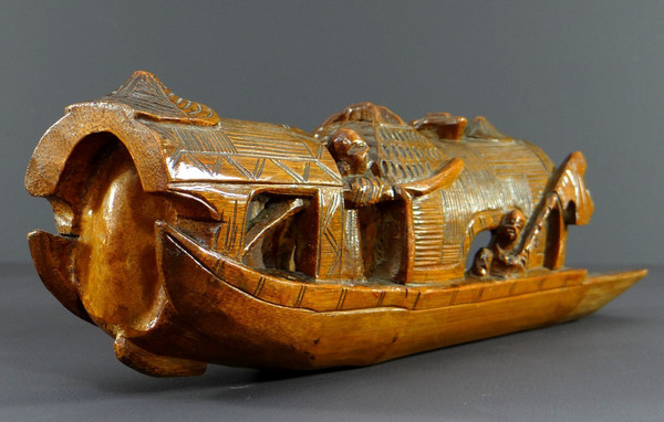 China, 1930s, Bamboo Sculpture of a Jonque Carrying People.