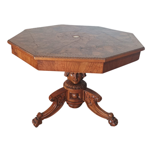Table de milieu octogonale Napoléon III en noyer marqueté