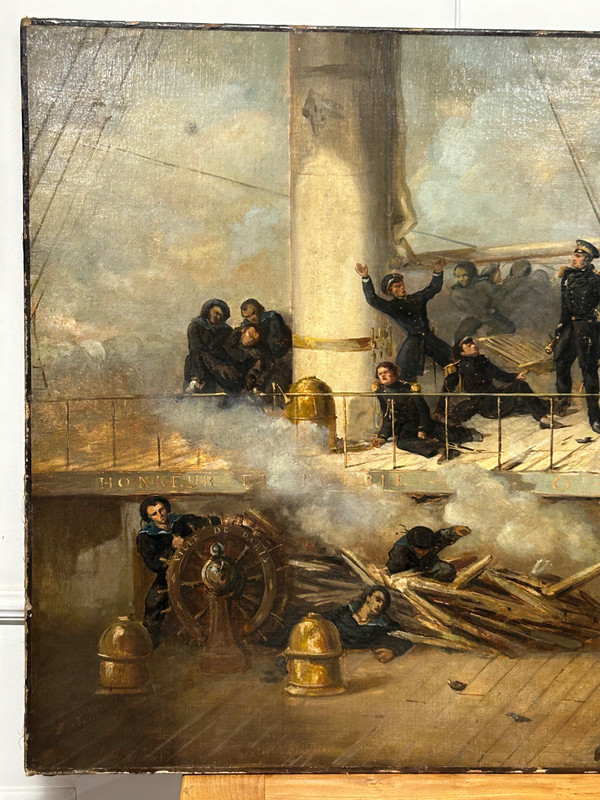 Peinture - Tableau Représentant Le Pont Du Vaisseau Ville De Paris - Marine - Huile Sur Toile 