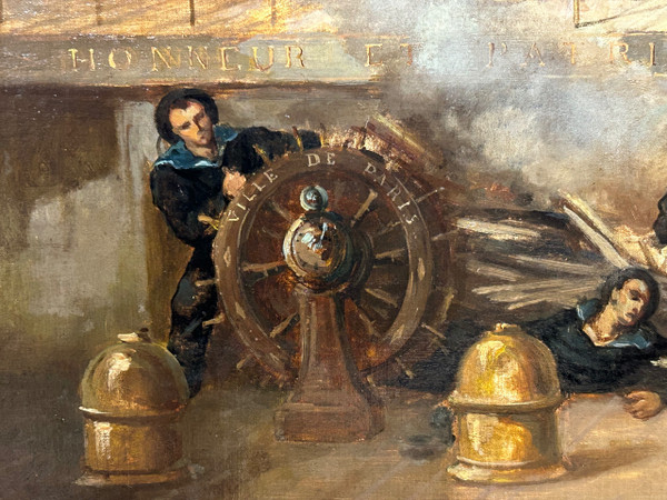 Peinture - Tableau Représentant Le Pont Du Vaisseau Ville De Paris - Marine - Huile Sur Toile 