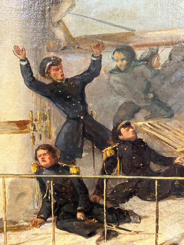 Peinture - Tableau Représentant Le Pont Du Vaisseau Ville De Paris - Marine - Huile Sur Toile 