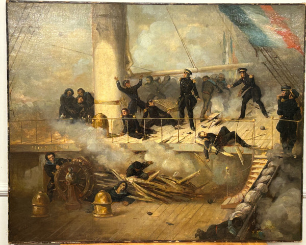 Peinture - Tableau Représentant Le Pont Du Vaisseau Ville De Paris - Marine - Huile Sur Toile 