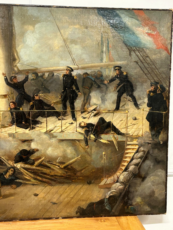 Peinture - Tableau Représentant Le Pont Du Vaisseau Ville De Paris - Marine - Huile Sur Toile 