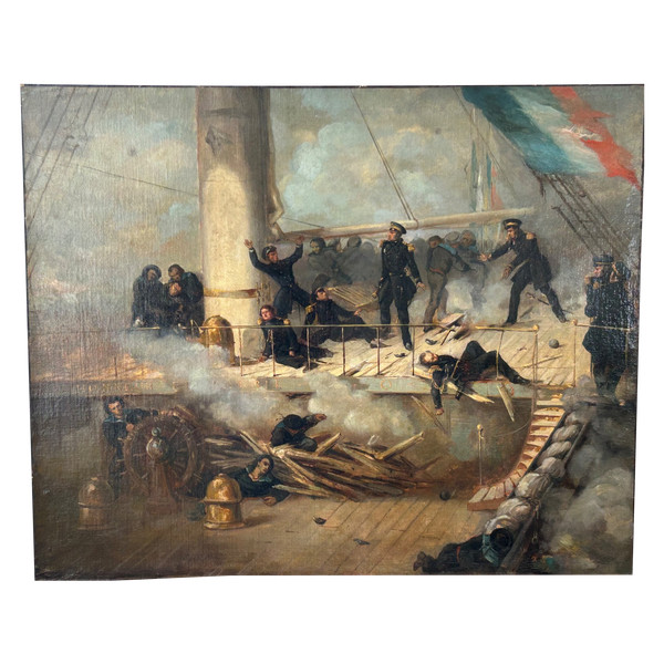 Peinture - Tableau Représentant Le Pont Du Vaisseau Ville De Paris - Marine - Huile Sur Toile 