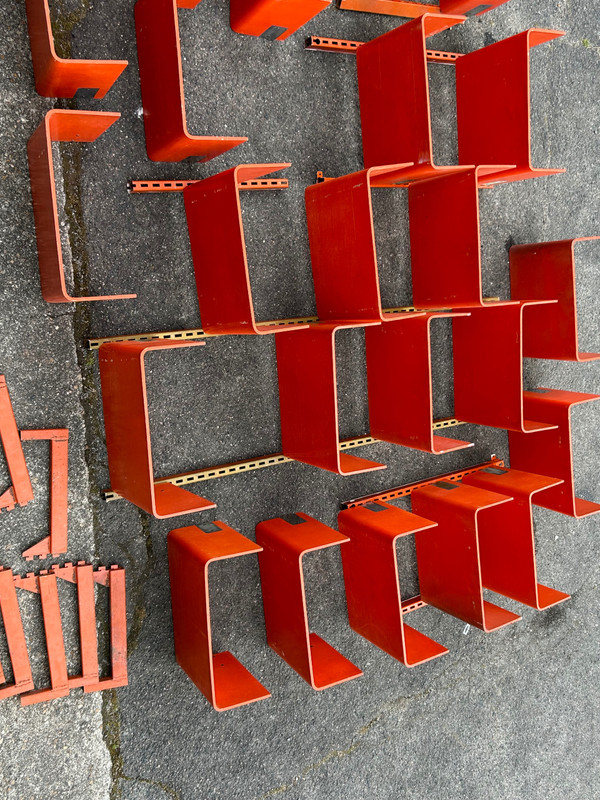Orange Thermoformed Wood Large Modular Library Shelf Circa 1970