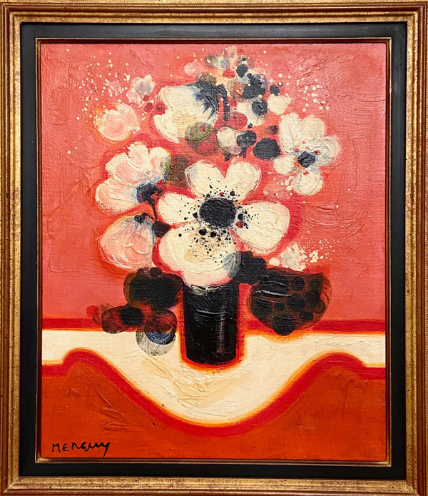 Frédéric Menguy (1927-2007), Huile Sur Toile Des Années 1970 Titrée « Fleurs Blanches ».